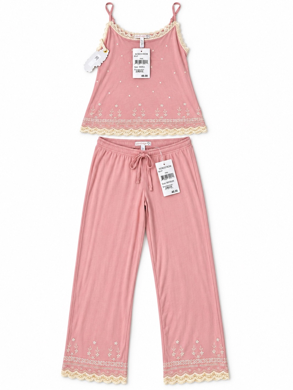 PJ Salvage Women’s Dusty Pink Cami & Drawstring Pajama Set with Cream Lace